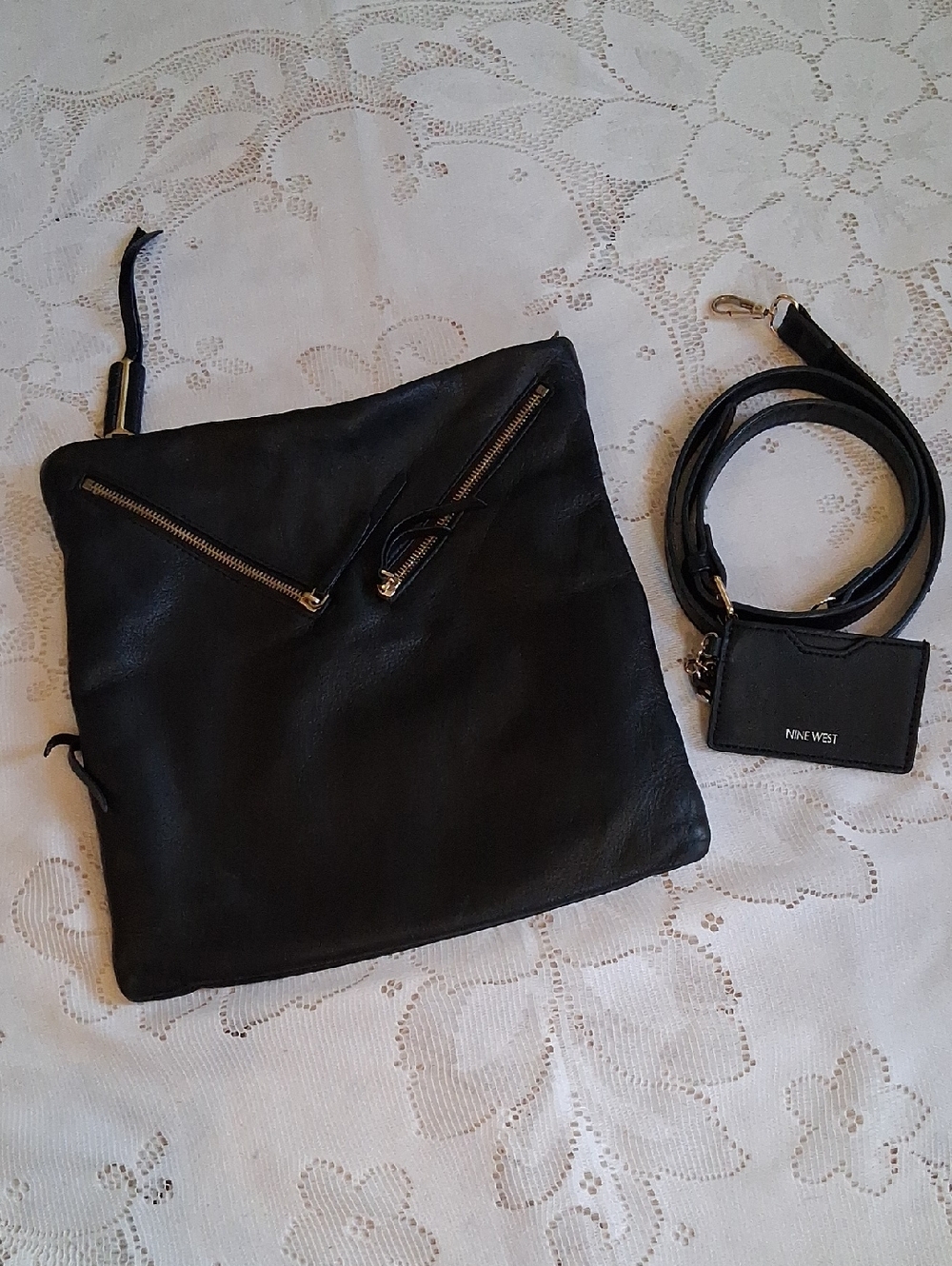 Covet By Stella & Dot Black Leather Crossbody ,bonus Nine West Card Case